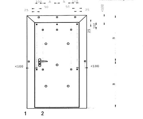 Hình 13 - Ví dụ về vị trí đặt các đầu đo nhiệt độ phía trong lò, theo mặt cắt ngang cửa